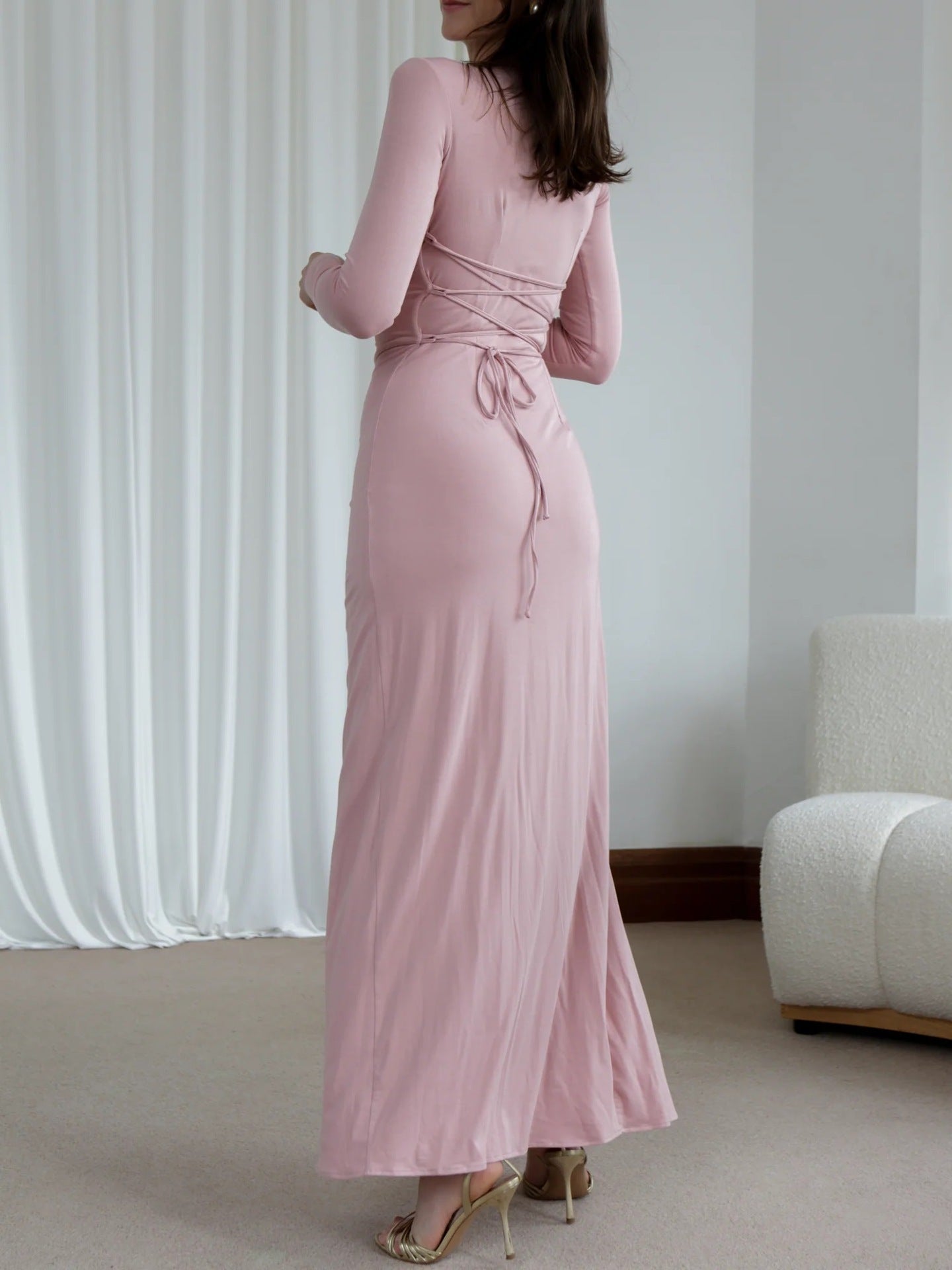 Slim-fitting Long-sleeved Asymmetric Split Dress