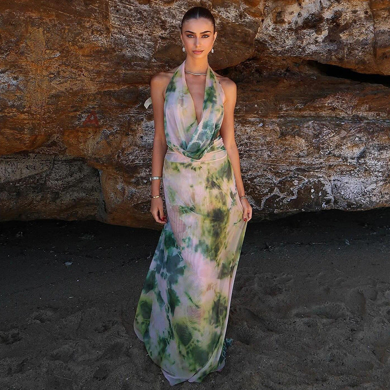 Zweiteiliges Tie-Dye-Set – Rückenfreies Maxikleid mit tiefem V-Ausschnitt