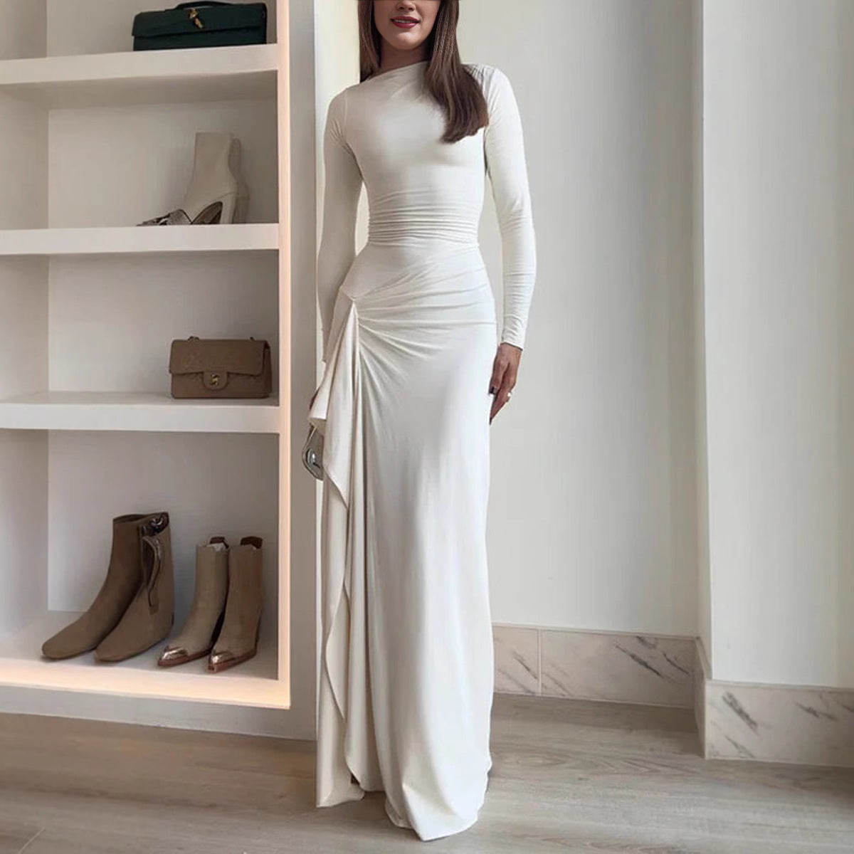 Slim-fitting Long-sleeved Asymmetric Split Dress