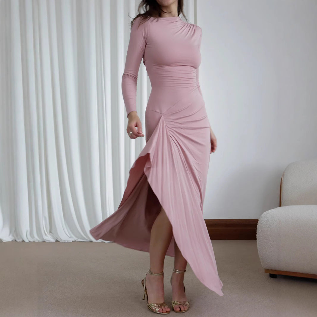 Slim-fitting Long-sleeved Asymmetric Split Dress