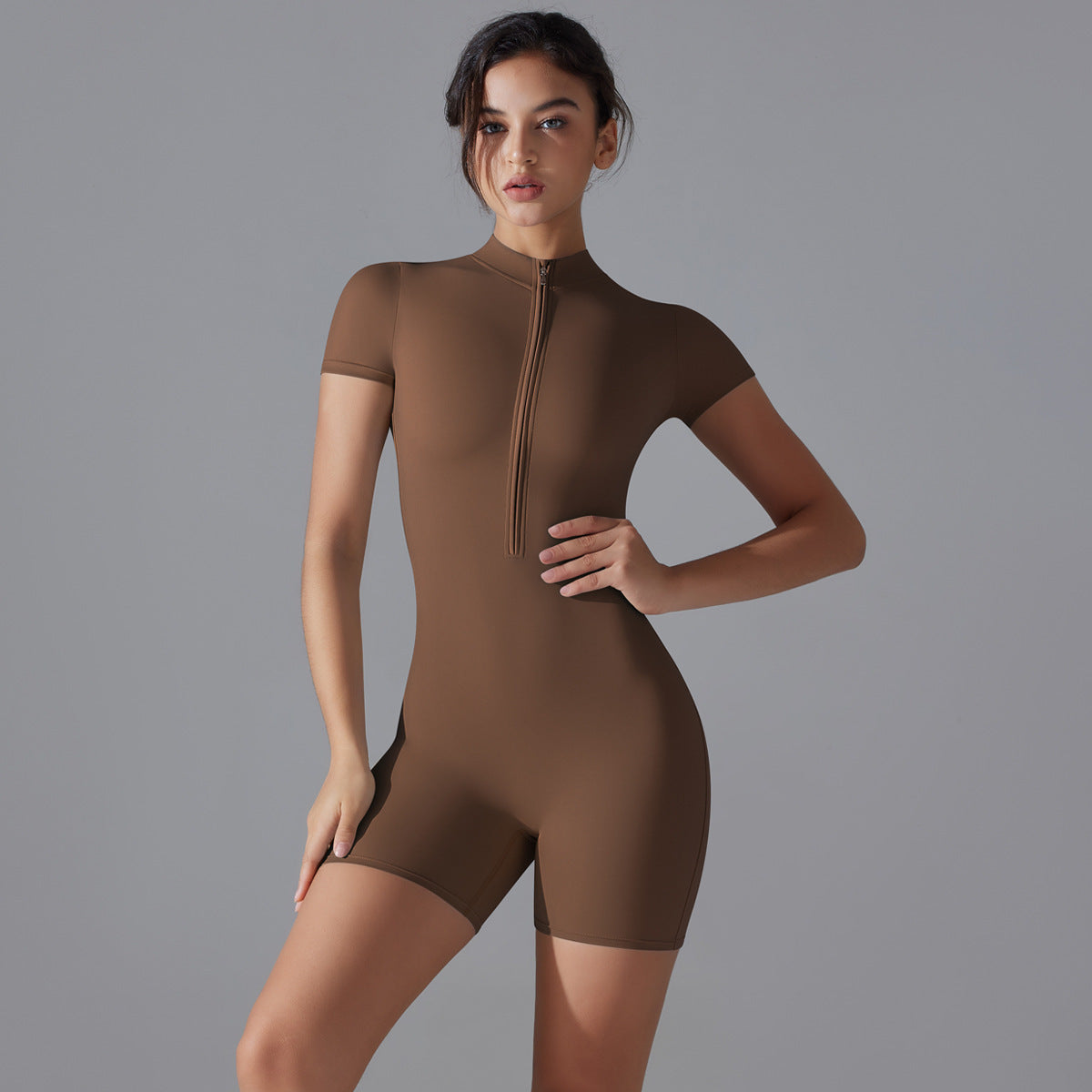 Summer Zipper Short-sleeved Shorts Jumpsuit